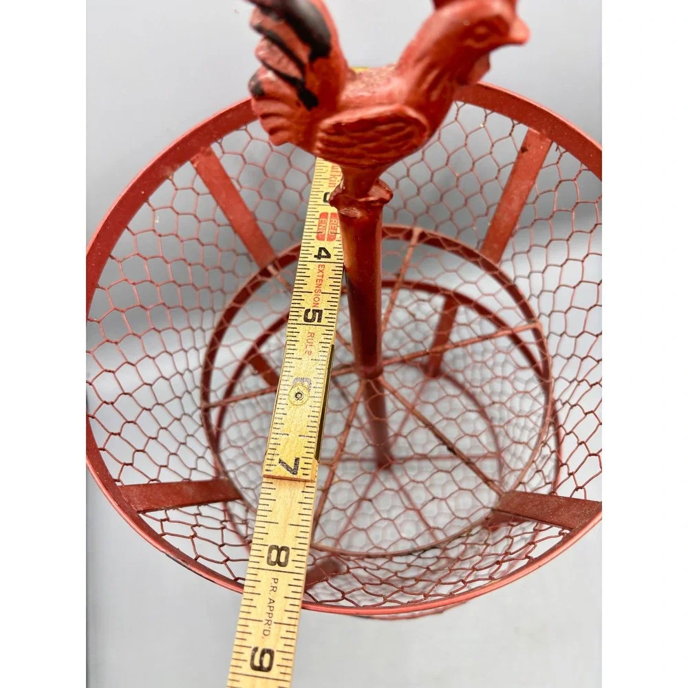 Vintage Red Metal Rooster 2 Tier Chicken Wire Basket Farmhouse Fruit Stand 14.5